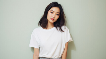 Fototapeta premium Young pretty Asian woman model wearing tshirt looking at camera standing on color background. Face skin care korean cosmetic and makeup, fashion ads. Beauty portrait. White t-shirt mock up template .