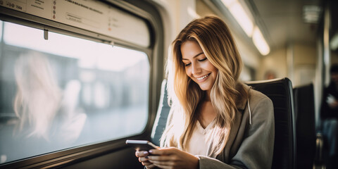 smiling young caucasian woman using her smartphone on the train on his way to work - use of smartphones and social media concept - obrazy, fototapety, plakaty