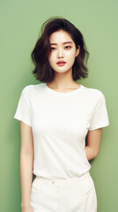Fototapeta premium portrait photography of serious asian woman , 25 years old, wearing white t-shirt , shoot by kodak portra, pastel background --ar 9:16 --v 5.2 Job ID: c194b520-8f41-45ae-8d49-85147f750f01