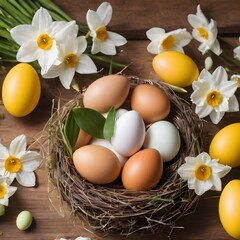 top view of easter eggs in the nest on a wooden table surrounded by greenery