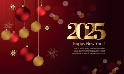 appy New Year 2025! Elegant colors and gold lettering. New Year's Eve balls.