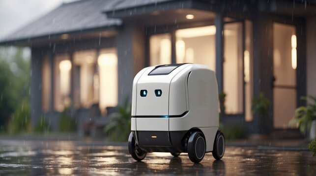 A robot courier stands outside a house. The concept of autonomous delivery.