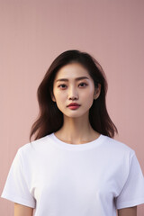 Fototapeta premium Young pretty Asian woman model wearing tshirt looking at camera standing on color background. Face skin care korean cosmetic and makeup, fashion ads. Beauty portrait. White t-shirt mock up template .