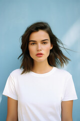 Obraz premium Young pretty cool trendy woman gen z model wearing tshirt looking at camera standing on color background. Face skin care cosmetics makeup, fashion ads. Beauty portrait. White t-shirt mock up template.