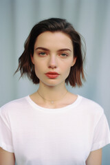 Fototapeta premium Young pretty cool trendy woman gen z model wearing tshirt looking at camera standing on color background. Face skin care cosmetics makeup, fashion ads. Beauty portrait. White t-shirt mock up template.