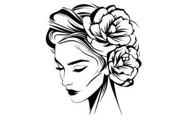 Woman with flowers in hair hand drawn ink sketch. Engraved style vector portrait.