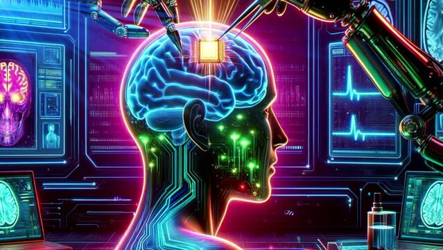The introduction of a chip into the human brain by robots. Scientific technologies of the future.