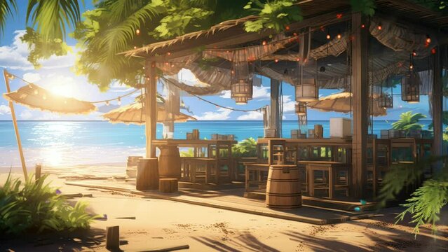 Summer Holiday Vibes at the Tropical Restaurant with Lush Trees. Cartoon or Anime Watercolor Digital Painting Illustration Style. Seamless Looping 4k Video Animation