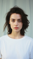Fototapeta premium Young pretty cool trendy woman gen z model wearing tshirt looking at camera standing on color background. Face skin care cosmetics makeup, fashion ads. Beauty portrait. White t-shirt mock up template.