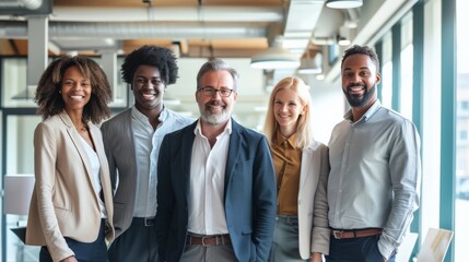 Obraz premium Portrait of successful group of business people at modern office looking at camera. Portrait of happy businessmen and satisfied businesswomen standing as a team. Multiethnic group of people smiling.