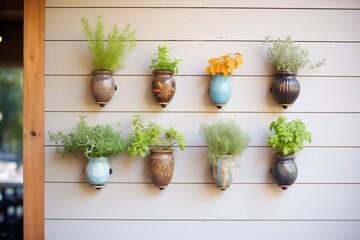 wall-mounted ceramic pots with variety of herbs