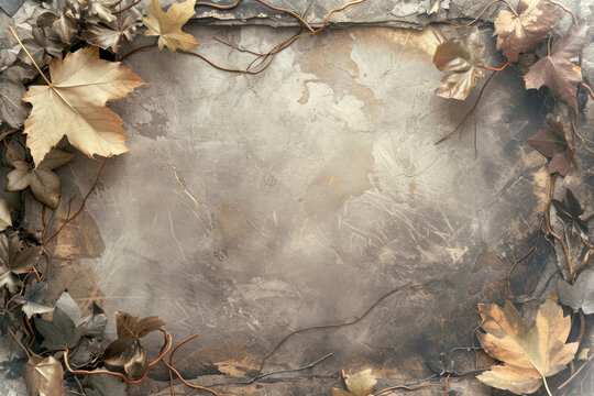 Dried leaves on textured earth-toned background creates a frame. Copy space