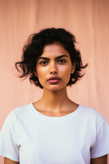 Fototapeta premium Young pretty cool Indian woman model wearing tshirt looking at camera standing on color background. Face skin care cosmetics makeup, fashion ads. Beauty portrait. White t-shirt mock up template .