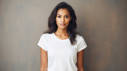 Young pretty cool Indian woman model wearing tshirt looking at camera standing on color background. Face skin care cosmetics makeup, fashion ads. Beauty portrait. White t-shirt mock up template . - obrazy, fototapety, plakaty