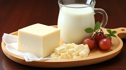A Delightful Display of Fresh Cheese, Milk, and Grapes on a Wooden Platter, Illuminated in Soft Lighting