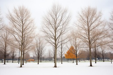 winter trees in an urban park under gray sky