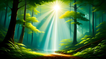 painting art beautiful rays of sunlight in a green forest backgrounds