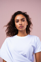 Fototapeta premium Young cool Latin woman hipster gen z model wearing mockup tshirt looking at camera on color background. Face skin care cosmetics makeup, fashion ads. Beauty portrait. White t-shirt mock up template .