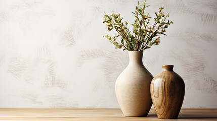 Elegant Ceramic Vases with Fresh Green Branches on a Wooden Surface, Illuminated by Soft Natural Light.