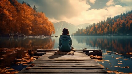 Woman meditating on the lake