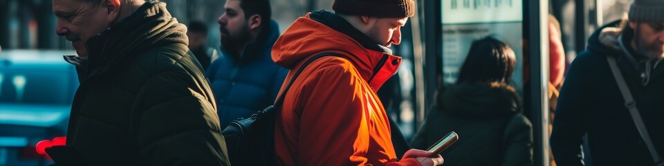 man using smartphone in the city crowd, urban modern interconnectivity lifestyle - Powered by Adobe