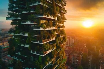 Raamstickers The city of the future with green gardens on the balconies © iloli