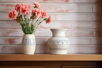 whitewashed clay pot with blooming carnations on a wooden shelf