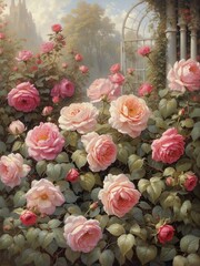 Rose garden oil painting texture, pastel oil painting