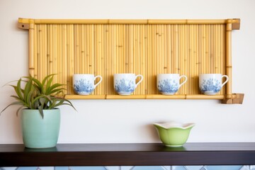 Fototapeta na wymiar bamboo wall ledge lined with tea cups and matching saucers
