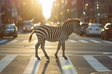 Rolgordijnen Zebra crosses the street on a zebra crossing. © Bargais