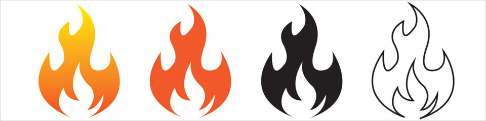 Flames icons. Flame silhouettes isolated in white background. Black firing icons, warning symbols set of 4 different catagory. Burning vector eps 10.