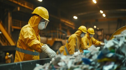 Fototapeta premium Portrait workers wearing biohazard suits and hardhats working at waste processing plant sorting inside factory