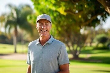 Portrait of a smiling senior man standing with arms crossed on golf course