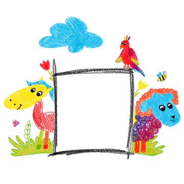Frame of hand-drawn animals with cloud and grass. White background. Sheep, horse, parrot. For text