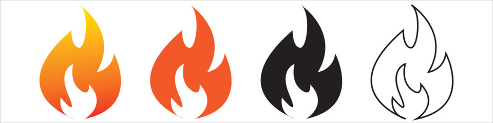 Flames icons. Flame silhouettes isolated in white background. Black firing icons, warning symbols set of 4 different catagory. Burning vector eps 10.