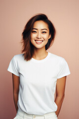 Fototapeta premium Young happy smiling Asian woman model wearing tshirt looking at camera on color background. Face skin hair care korean cosmetic and makeup, fashion ads. Beauty portrait. White t-shirt mock up template