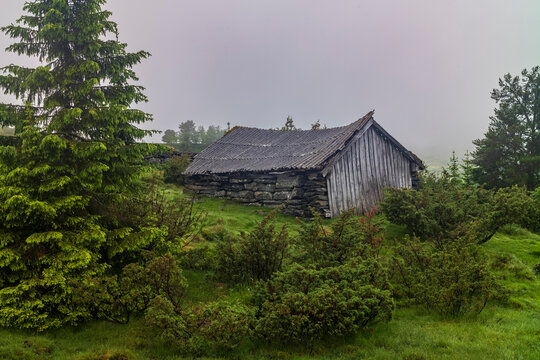 Abandoned seter mountain farm landscape near the village of Utvik, Norway