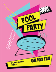 90s style pool party poster vector template. Abstract illustration, modern retro design.
