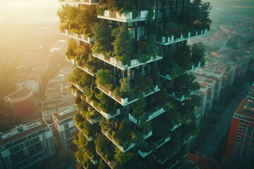 The city of the future with green gardens on the balconies