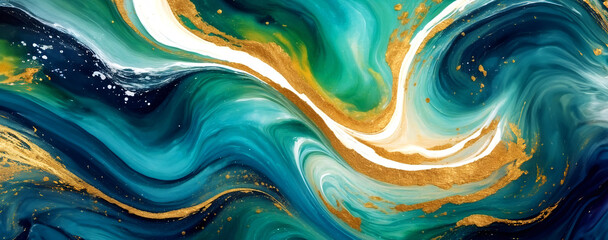 Green and Gold Abstract Painting on a Luxurious Marble Acrylic Background. alcohol ink technique