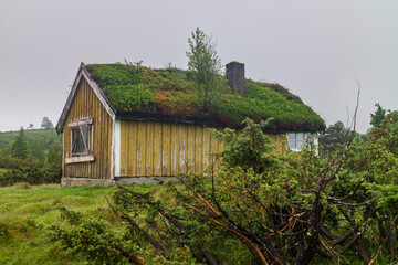Abandoned seter mountain farm landscape near the village of Utvik, Norway