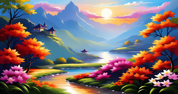 painting art custom greeting card backgrounds. landscape with flowers. for wall art decor and background wallpaper, greeting cards, stationery, wedding invitations, and decorations. Generative Ai