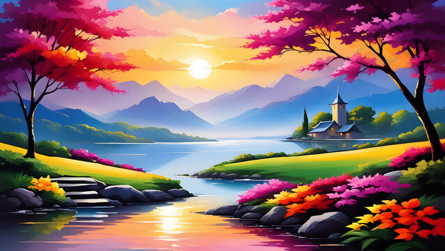  painting art custom landscape greeting cards background. sunset in the mountains. for wall art decor and background wallpaper, greeting cards, stationery, wedding invitations, and decorations. Genera
