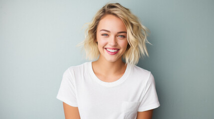 Young happy woman, smiling gen z girl model wearing tshirt looking at camera standing on color background. Face skin care cosmetics makeup, fashion ads. Beauty portrait. White t-shirt mock up template - obrazy, fototapety, plakaty