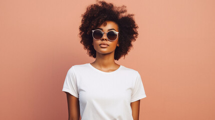 Young cool Latin woman hipster gen z model wearing mockup tshirt looking at camera on color background. Face skin care cosmetics makeup, fashion ads. Beauty portrait. White t-shirt mock up template.