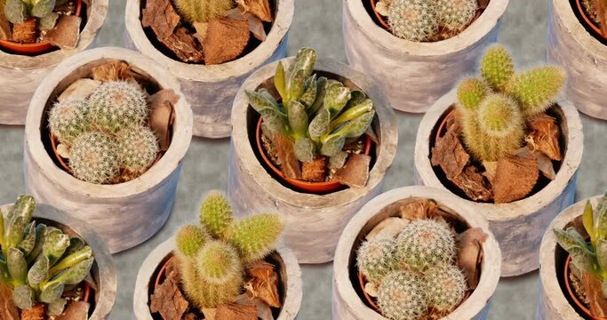 Concrete. Succulents. Modern interior decor.  Isometric projection of a handmade cachepot with a variety of floral plants. Smooth rotation