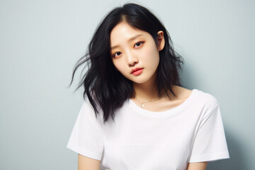 Fototapeta premium Young pretty Asian woman model wearing tshirt looking at camera standing on color background. Face skin care korean cosmetic and makeup, fashion ads. Beauty portrait. White t-shirt mock up template .