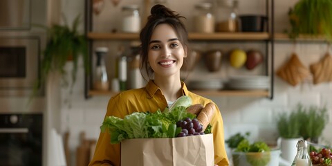 Smiling woman in kitchen holding grocery bag full of fresh produce. healthy eating lifestyle. home cooking inspiration. AI