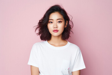 Fototapeta premium Young pretty Asian woman model wearing tshirt looking at camera standing on color background. Face skin care korean cosmetic and makeup, fashion ads. Beauty portrait. White t-shirt mock up template .