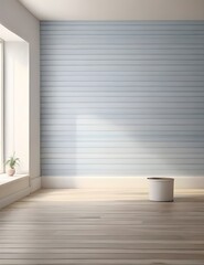 Title: Empty room with white walls and parquet floor, shits of striped blue wallpaper on the wall with copy space. Housework concept Generative AI